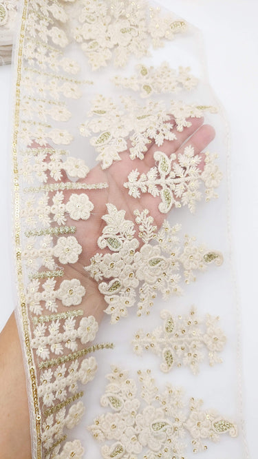 9 Yards Off White Net Lace Trim Floral Embroidery and Gold Sequins, Floral Sari Border, Decorative Trim